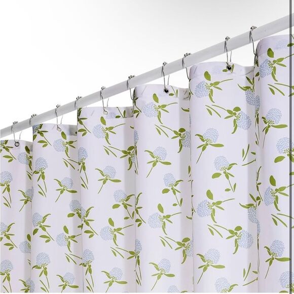 White And Green Floral Shower Curtain, Water Proof Farmhouse Bath Curtain Set - Picture 1 of 5